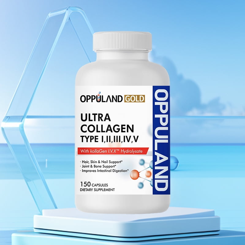 Oppuland Gold Ultra Collagen – Types I, II, III, IV, V – 150 Capsules | Multi Collagen Complex with Kollagen I.V.X™ | Hair, Skin, Nails, Joints & Digestion Support Supplement