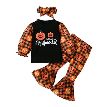 

URMAGIC Infant Girls Halloween Pumpkin Outfits Toddler Lantern Long Sleeve Tops + Check Trumpet Pants+Headband 3PCS Set