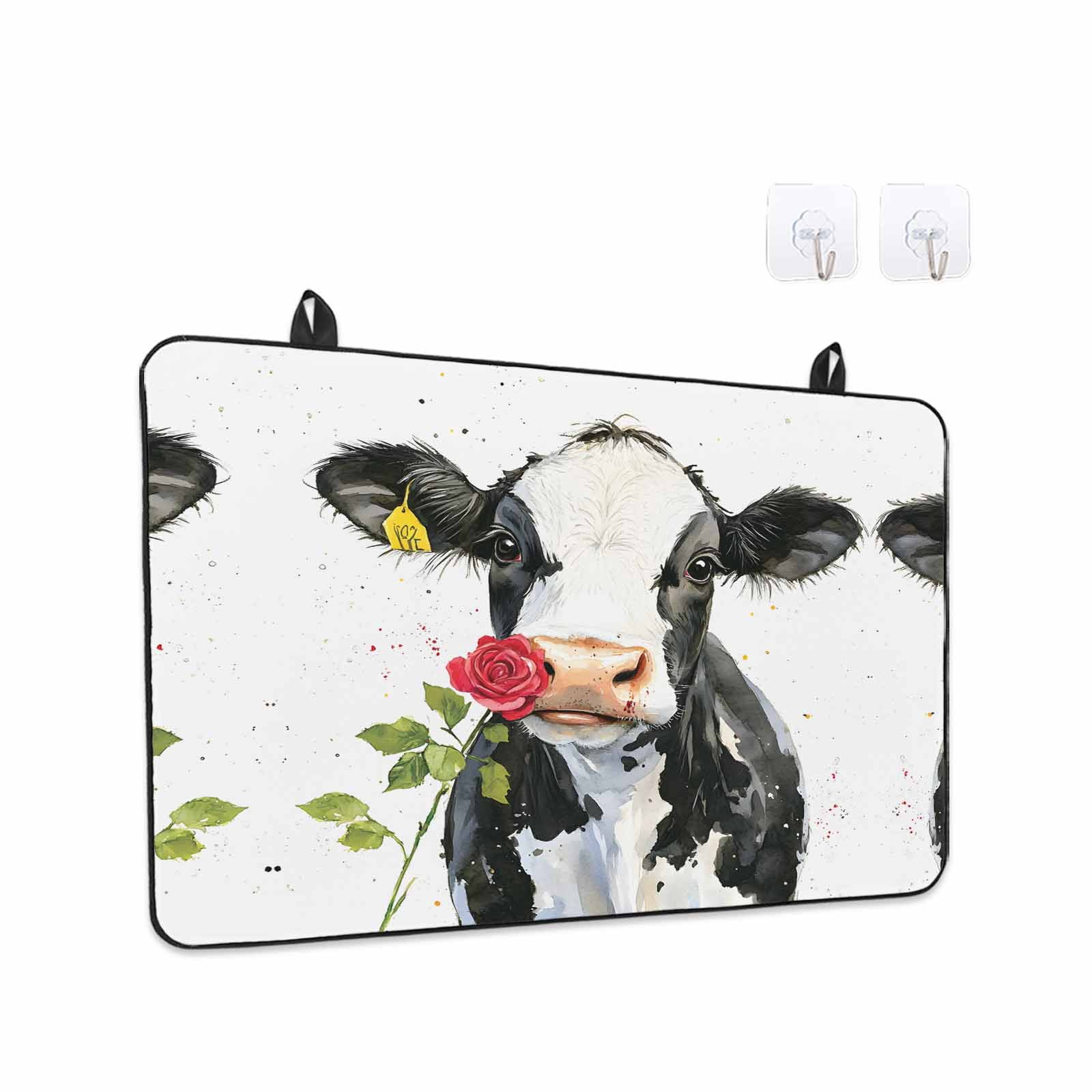 Black White Cow Stove Top Cover for Electric Stove, Heat-proof & Non Slip Glass Top Stove Cover Protector, Spring Farmhouse Animals Printed Red Floral Kitchen Flat Cooktop Rubber Mat 24x21 Inches