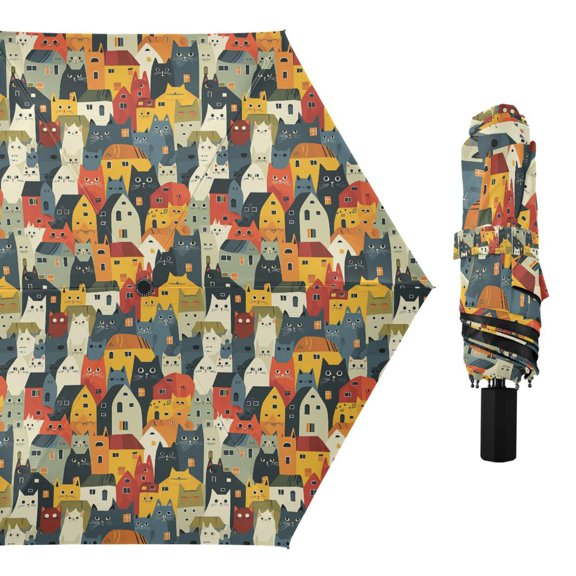 Cats with House Compact Sun Umbrella Windproof Travel Umbrellas for Rain Strong Portable UV Protection