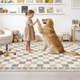 thumbnail image 2 of Memoryfield Checkered Area Rug 5' x 7', Washable, Non-Slip Low-Pile Carpet with Modern Geometric Design for Living Room, Bedroom & Dining Room, Beige, 2 of 6