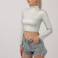 thumbnail image 4 of UYISJ Women's Shiny Metallic Liquid Crop Top Long Sleeve Mock Neck Turtleneck Slim Fitted Crop Top Clubwear Going out Shirts Gray S, 4 of 7