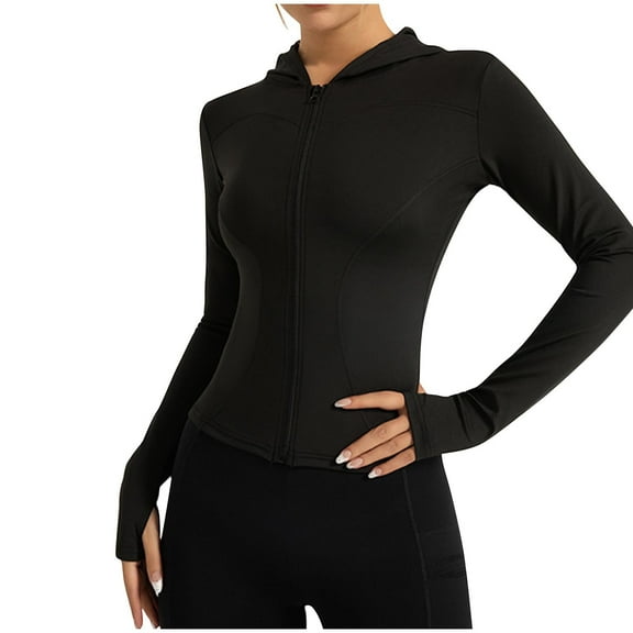 jtjvou Womens Zip Up Workout Jakcets Lightweight Slim Fit Running Athletic Jackets with Thumb Holes,Black,S