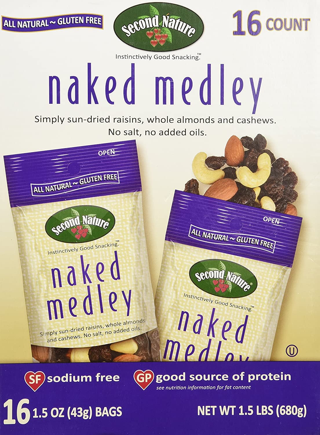 Second Nature Naked Medley Sun-Dried Raisins, Whole Almonds and Cashews, 16 Count