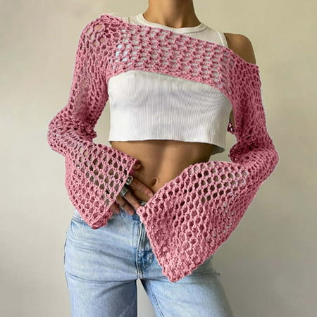 Daznico Plus Size Bikini for Women Seductive Round Neck Solid Color Hollow Out Knit Sweater Long Sleeve Cover Up Top for Wome Bikini for Women (Color:Pink Size:S)