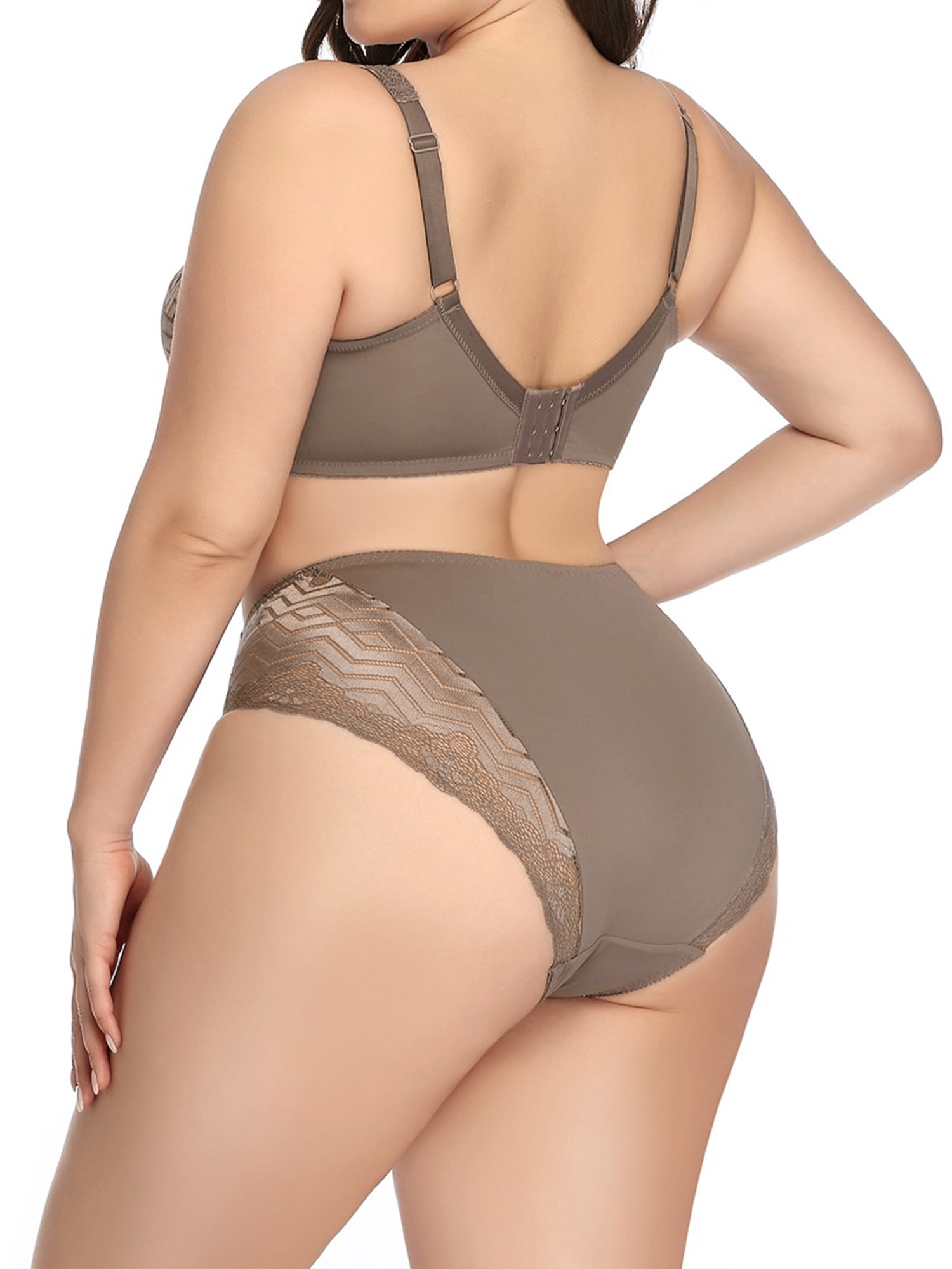 Unique Bargains Women's Plus Size Underwire Lace Trim Adjustable Straps Bra and Panty Set 44C Brown