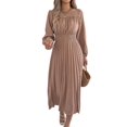thumbnail image 3 of Women's Long Sleeve Elegant Pleated Maxi Ruffled Shirred Waist Flowy Bohemian Dress for Daily Wear Khaki L, 3 of 10