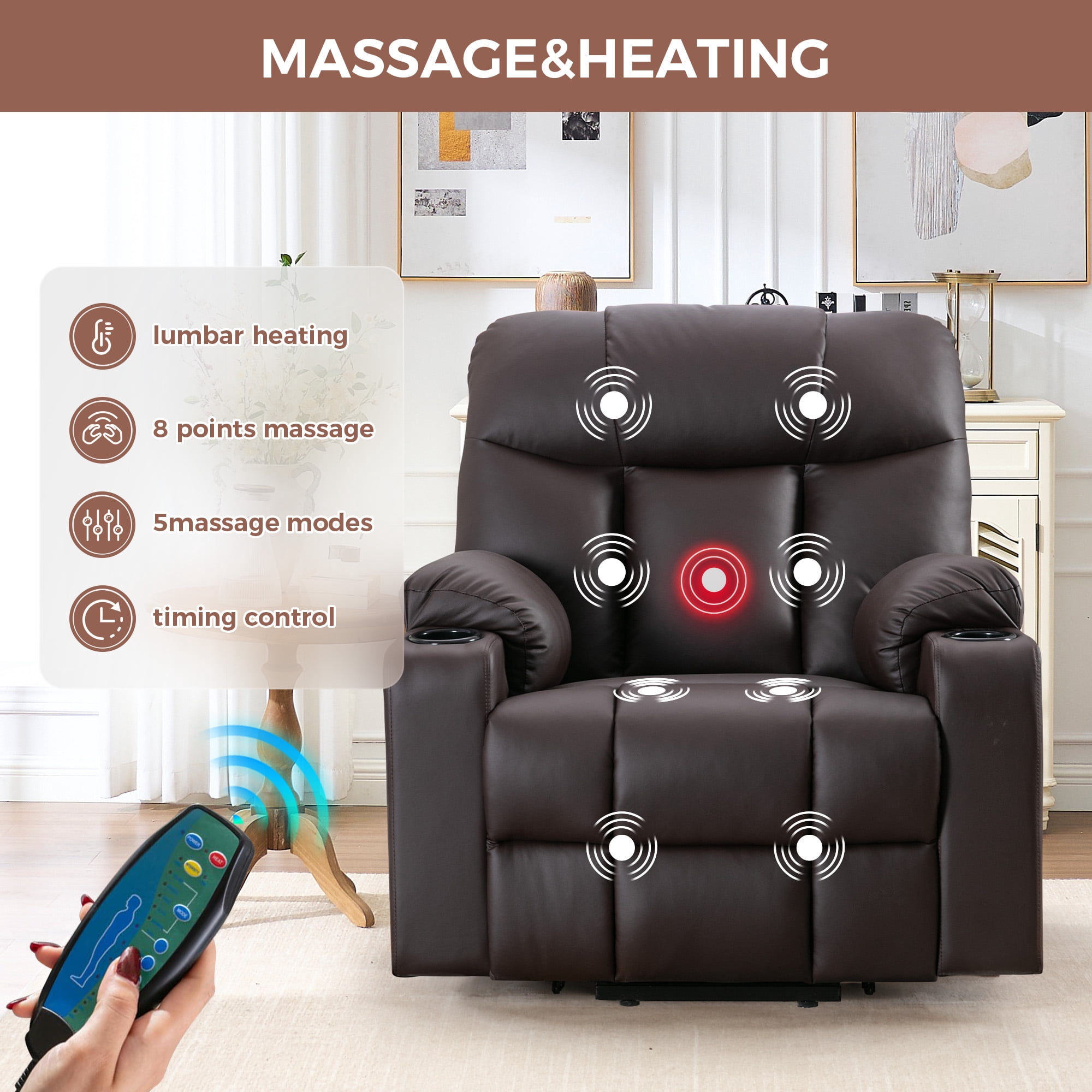 Bonzy Home Electric Recliner Living Room Heated Massage Lift Chair Recliner with Cup Holder and USB, Brown