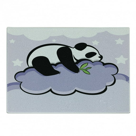 Panda Cutting Board, Panda Bear Sleeping on Cloud in Starry Night Sky Cartoon Illustration Print, Decorative Tempered Glass Cutting and Serving Board, Small Size, Lilac Black, by Ambesonne