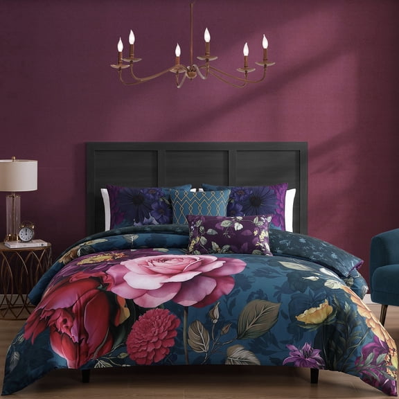 Bebejan Vibrant Flora 5 Piece Comforter Set, Blue, Queen, 100% Cotton Sateen, Reversible, All Season, Cozy Comfort