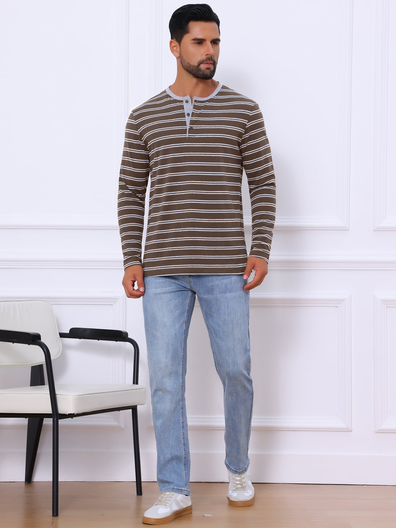 DARING DIVA Men's Long Sleeve Contrasting Colors Striped Henley T-Shirt XL Dark Brown