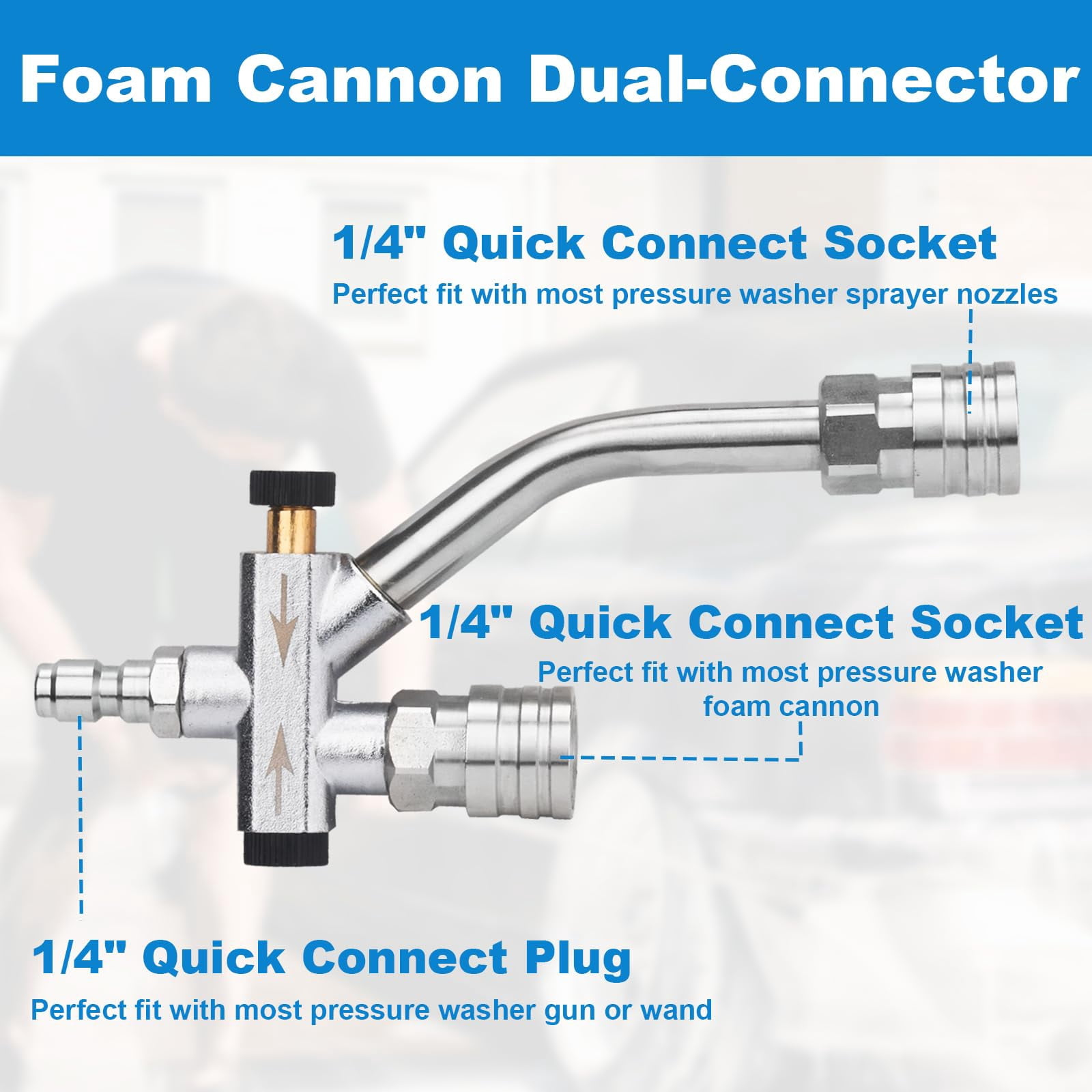 DUSICHIN Pressure Washer Short Gun Foam Cannon 1/4" Quick Connector,Car Wash Foam Gun Kit Dual Connector Accessory,Double Tip Attachment For Soap Cannon with 5 Nozzle Tips