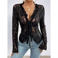 thumbnail image 4 of Lace Tops for Women Long Sleeve See Through Sheer Mesh Crop Top Shirt Open Front Tie Blouse Ruffle Black M, 4 of 8