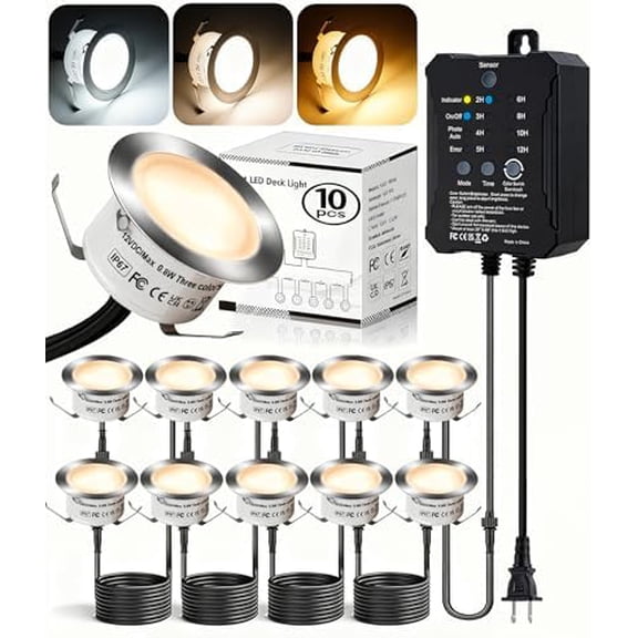 Low Voltage Deck Lights with Transformer Dimmable Timer Circuit Protection and Memory Function and Photocell Sensor Outdoor LED Deck Lighting Waterproof for Stair Step Yard Park 10 Packs