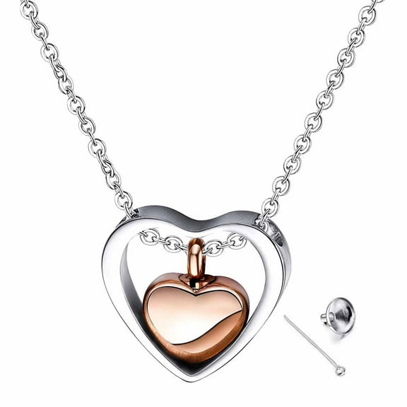EIMELI Creative Pet Urn Fashion Double Love Stainless Steel Ashes Necklace Heart Pendant Rose Gold For Cremated Cat Dog Fish Memorial Pet Family