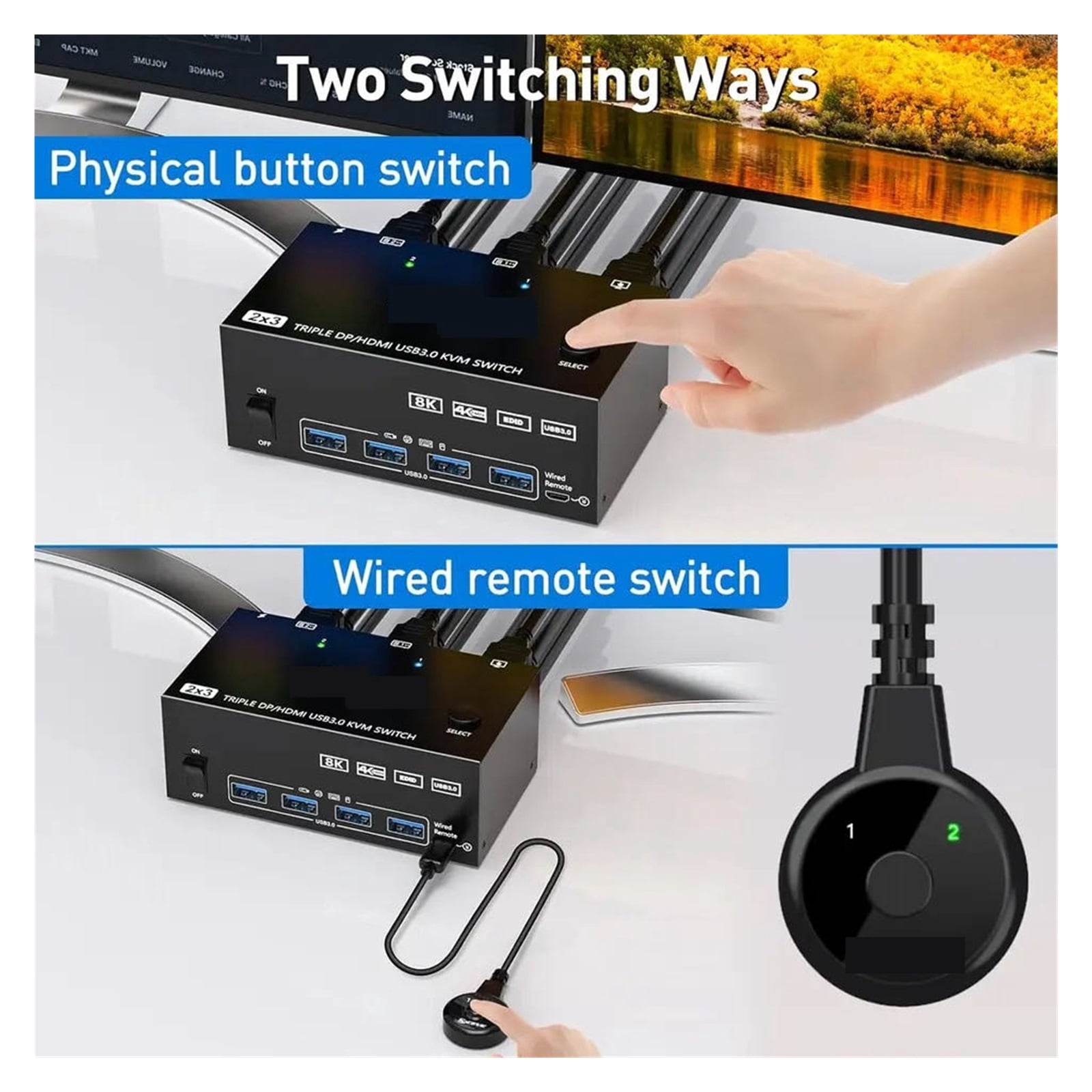 Triple Monitor Displayports USB KVM Switch 8K@60Hz 4K@144Hz 3 Monitors 2 Computers KVM