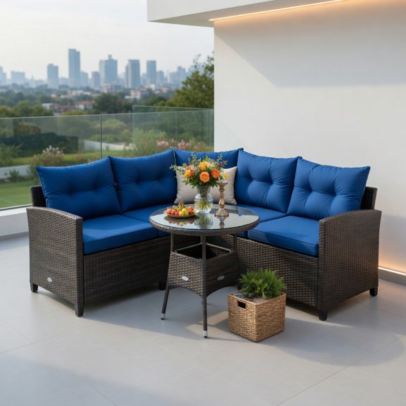 GVN Backyard Furniture Sets,Outdoor Furniture Sets,4 Pieces Patio Rattan Furniture Set Cushioned Sofa Glass Table-Navy