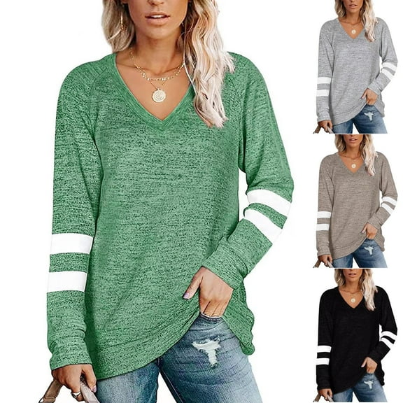 Otvok Womens Tops Casual V-Neck Long Sleeve Patchwork Loose Shirt Blouse