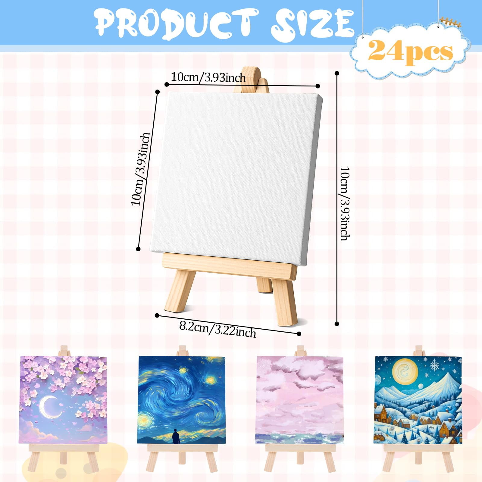 24 Pack Small Painting Canvas with Mini Easel, 4 x 4 Inch Mini Canvases with Easel Sets Art Canvases Painting Kit with Wood Display Easels for Adults & Kids Party Classroom Crafts