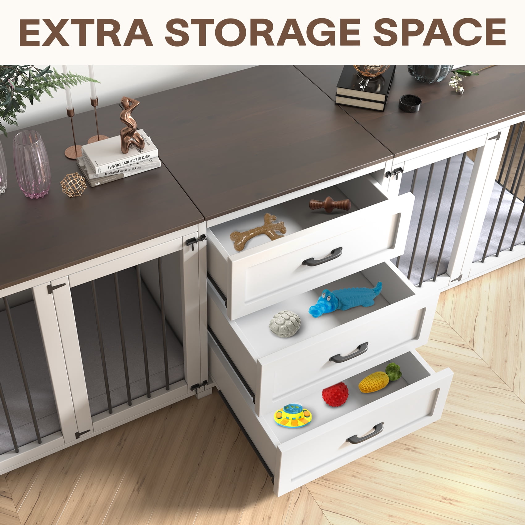 Mowpex Lockable 2-Door 95" Engineered Wood Furniture Style Crate for Dogs with 3 Drawers