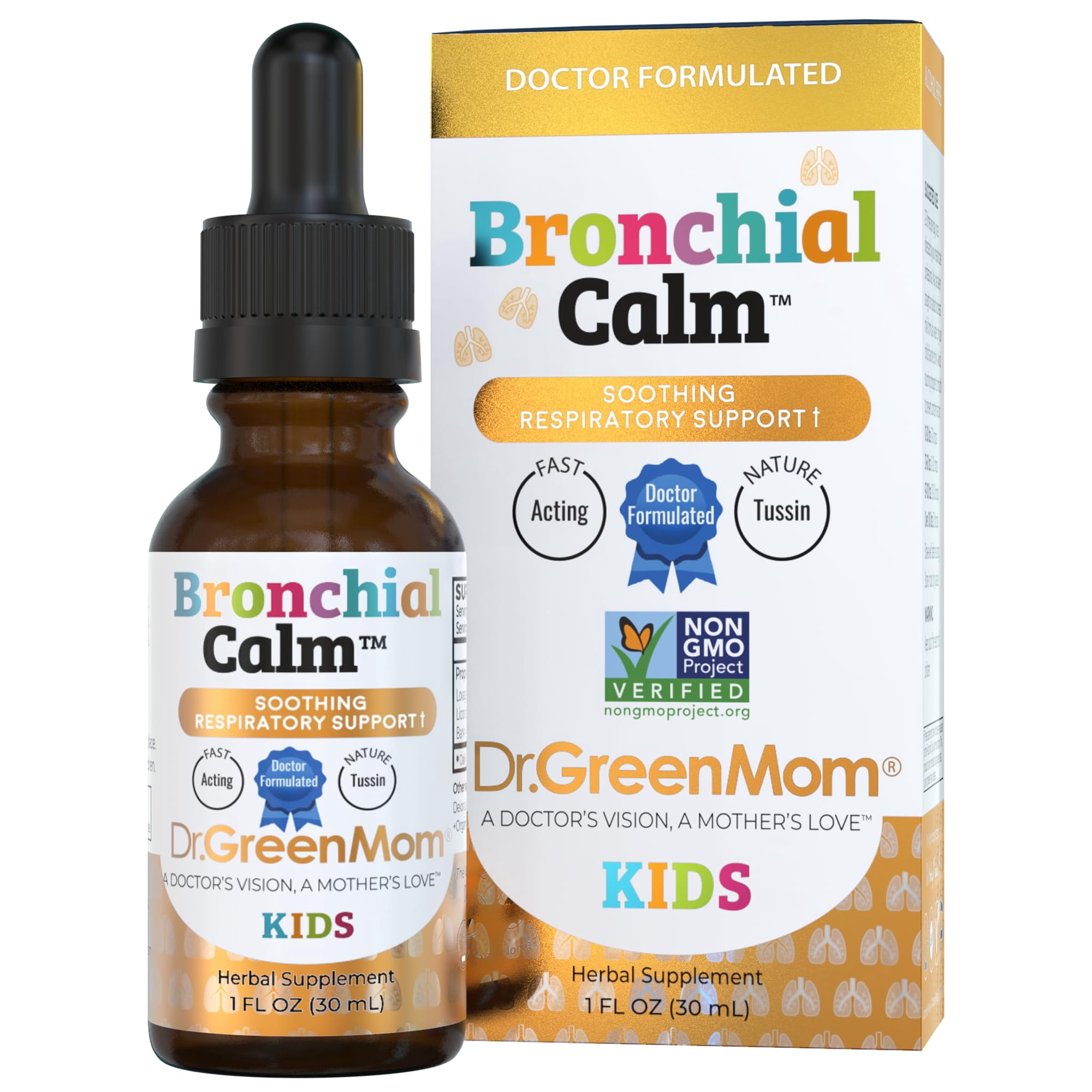 Dr. Green Mom Kids Cold, Flu & Allergy Support — Bronchial Calm — Herbal Immune Liquid Drops for Babies, Toddlers & Children — Natural Cough Care — Drug-Free, Sugar-Free, Non-GMO, 1 fl oz