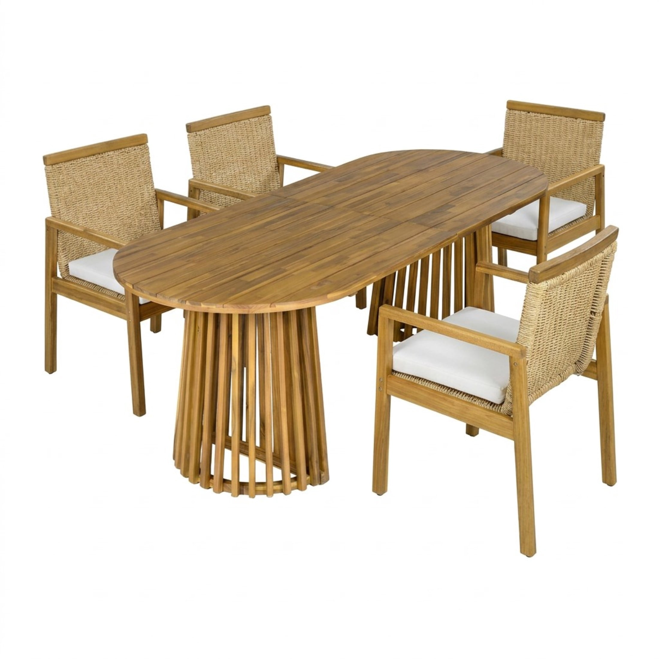 Christopher Knight Home 5-Piece Coastal Outdoor Wood Dining Set, Teak Oval Table and Natural Wicker Chairs