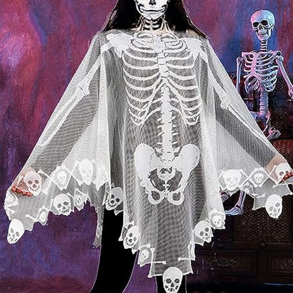 Gustave Halloween Poncho White Lace Skeleton Poncho for Women Men Halloween Costume Party Clothes 57 x 57 Inch