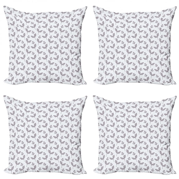 Leaves Throw Pillow Cushion Case Pack of 4, Doodle Style Arrangement of Foliage with Blossoming Flowers Herbs Pattern, Modern Accent Double-Sided Print, 4 Sizes, Eggplant and White, by Ambesonne