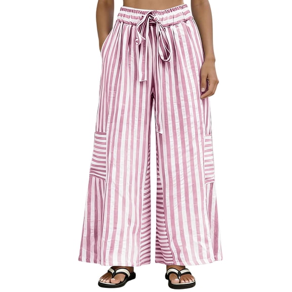 Atogsazn Womens Striped Wide Leg Pants Dessy Casual Baggy Loose Fit Pant with Drawstring Trouser Summer Pink XXXL Fashion
