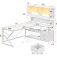 thumbnail image 3 of Modern L Shaped Computer Desk with 2 Drawers, Open Storage Shelves and Glass Cabinet, Corner Office Desk with LED Lights for Home Office, Living Room, Bedroom, 3 of 7
