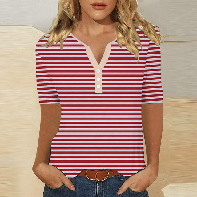 LOVZFMLL T-Shirts d'Été pour Femmes Mode Rayé Imprimé Manches Courtes Blouse-Col T-Shirt Décontracté Bouton