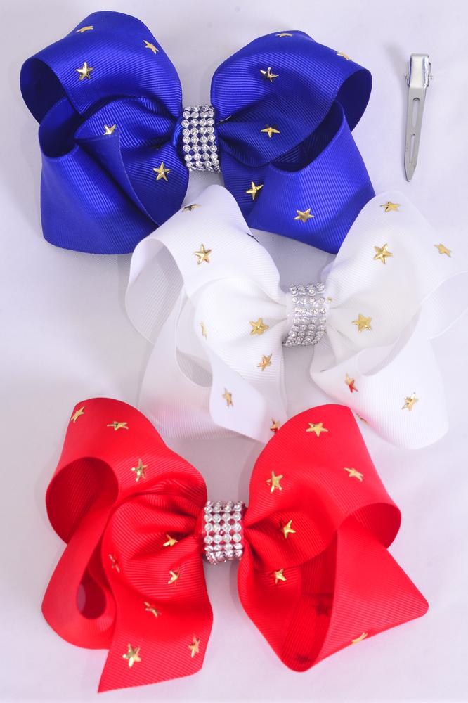 Hair Bow Jumbo Patriotic Gold Star Studded Red White Royal Blue Mix