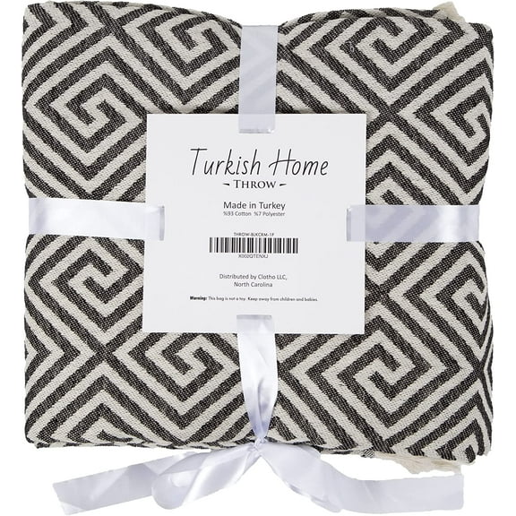 Turkish Throw Blanket for Bed Decorative - 75 x 90 Inch Cotton Black and White Oversized Blanket Bed and Couch Cover- Large Farmhouse Blanket