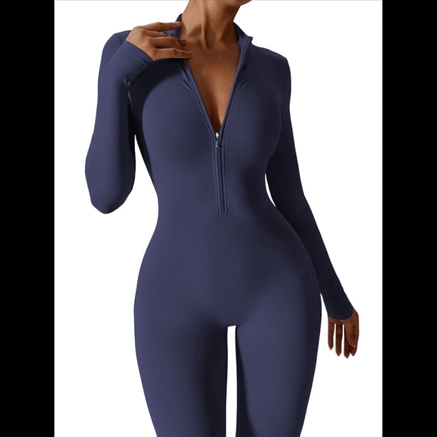 Mono Deportivo de Larga para Mujer, con Cremallera, Pantalón y Pantalones, Body Ajustado Camiseta de Larga Azul Marino S
