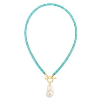 Bohemian Simulated Turquoise Choker Blue Clay Beads Gemstone Jewelry Big Baroque Shell Pearl Pendant Necklace Trendy 18K Gold Plated Toggle Lariat Y Necklace for Women 17”