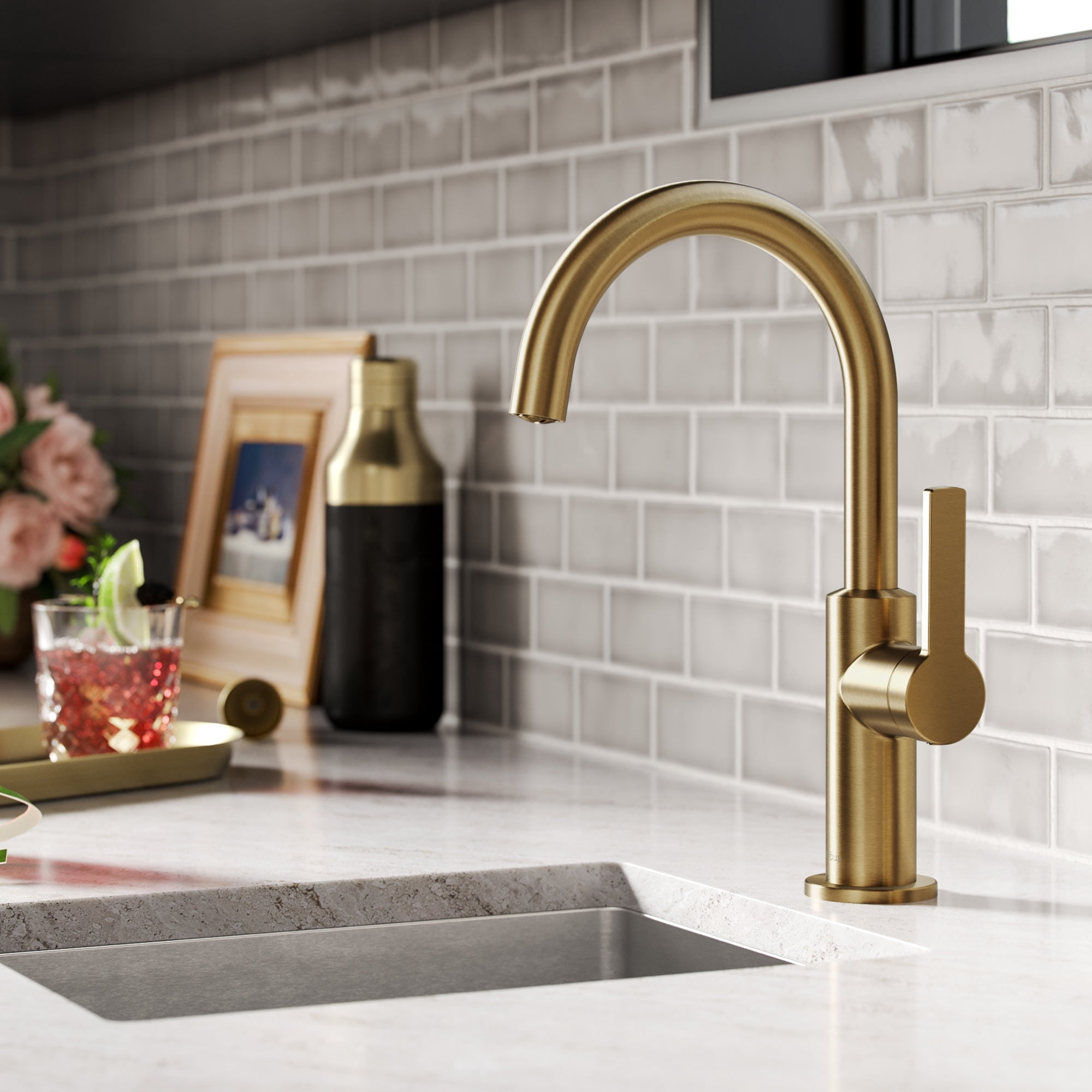 Kraus Oletto Single Handle Kitchen Bar Faucet in Brushed Brass