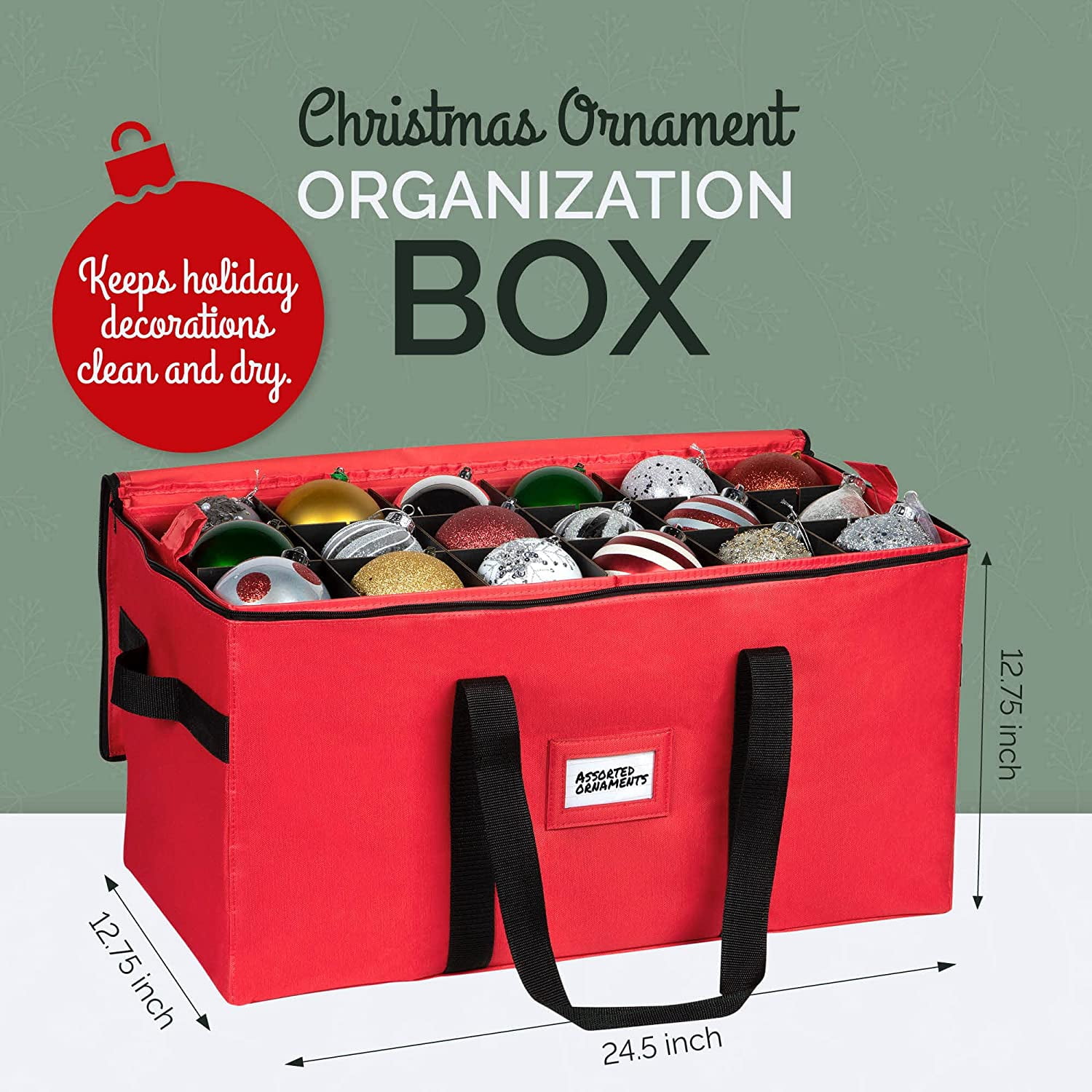 OSTO Underbed Christmas Ornament Storage Box with Lid and Trays; Fits 64  Holiday Ornaments of 3 inches Tear Proof, Waterproof, 600D Polyester Red