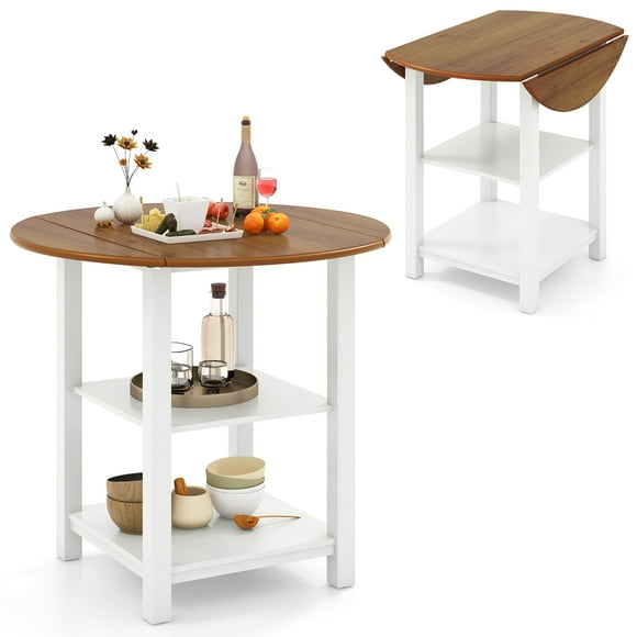 Gymax Folding Round Dining Table Drop Leaf Table w/ 2 Shelves for Small Spaces