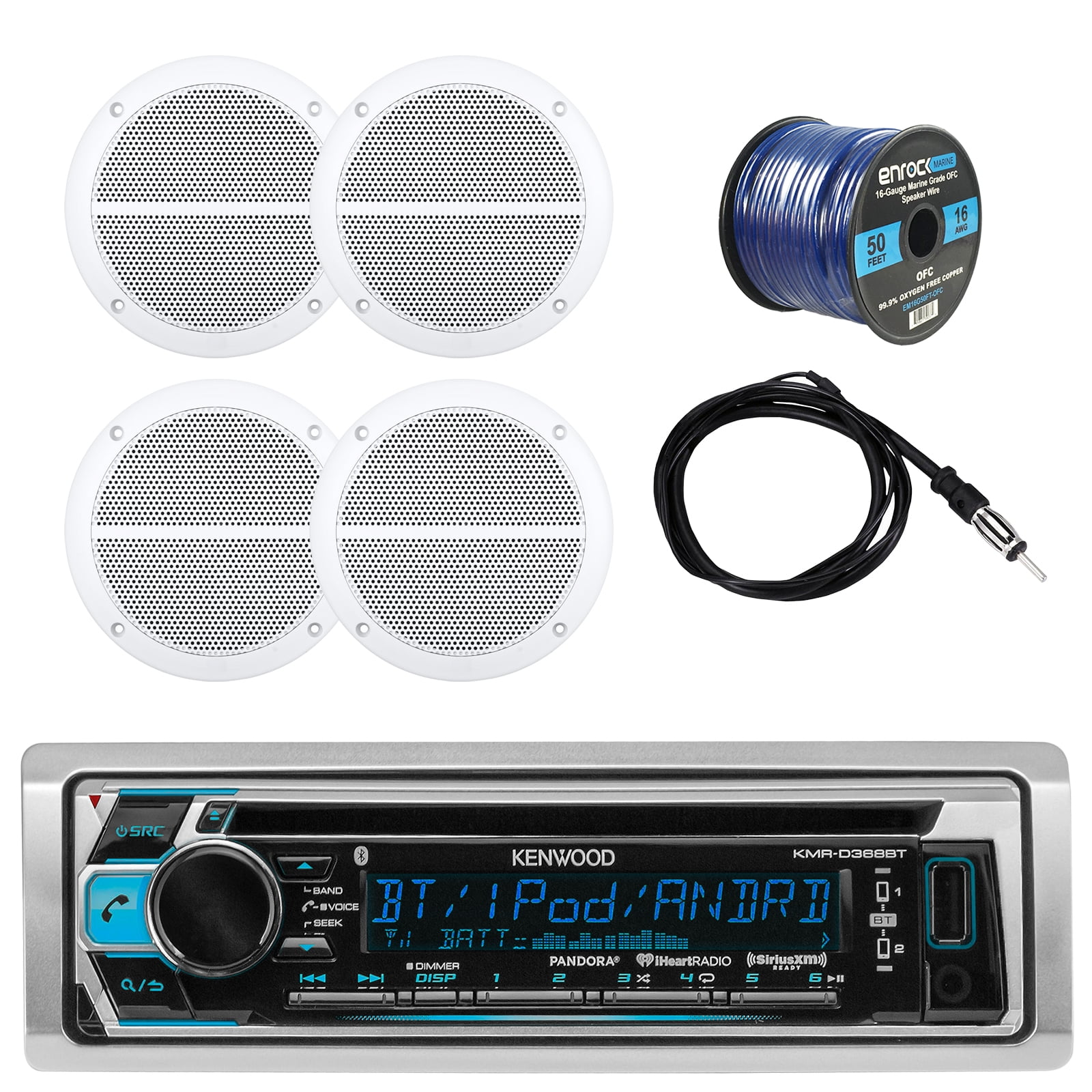 Kenwood In-Dash Audio Bluetooth CD Player Receiver Bundle Combo W/ Waterproof Shield Cover + 4x Enrock Marine 6.5” Weather Resistant Marine Speakers + Radio Antenna + 16-Gauge 50ft Speaker Wire
