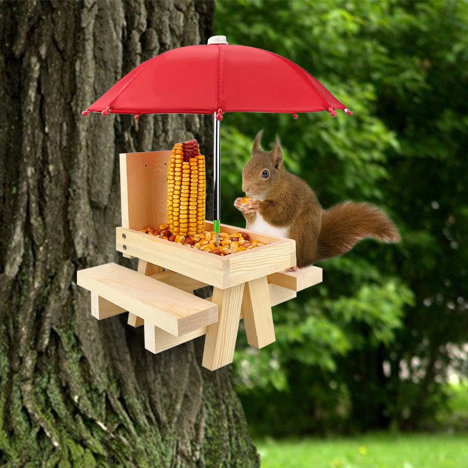 Easy To Install Built Strong Bowl For Squirrel Food Nuts And Water 100% FSC Certified Wood Responsibly Made. Squirrel Picnic Table Feeder For Outdoors Corn Cob Holder Peanuts Great For Gift 