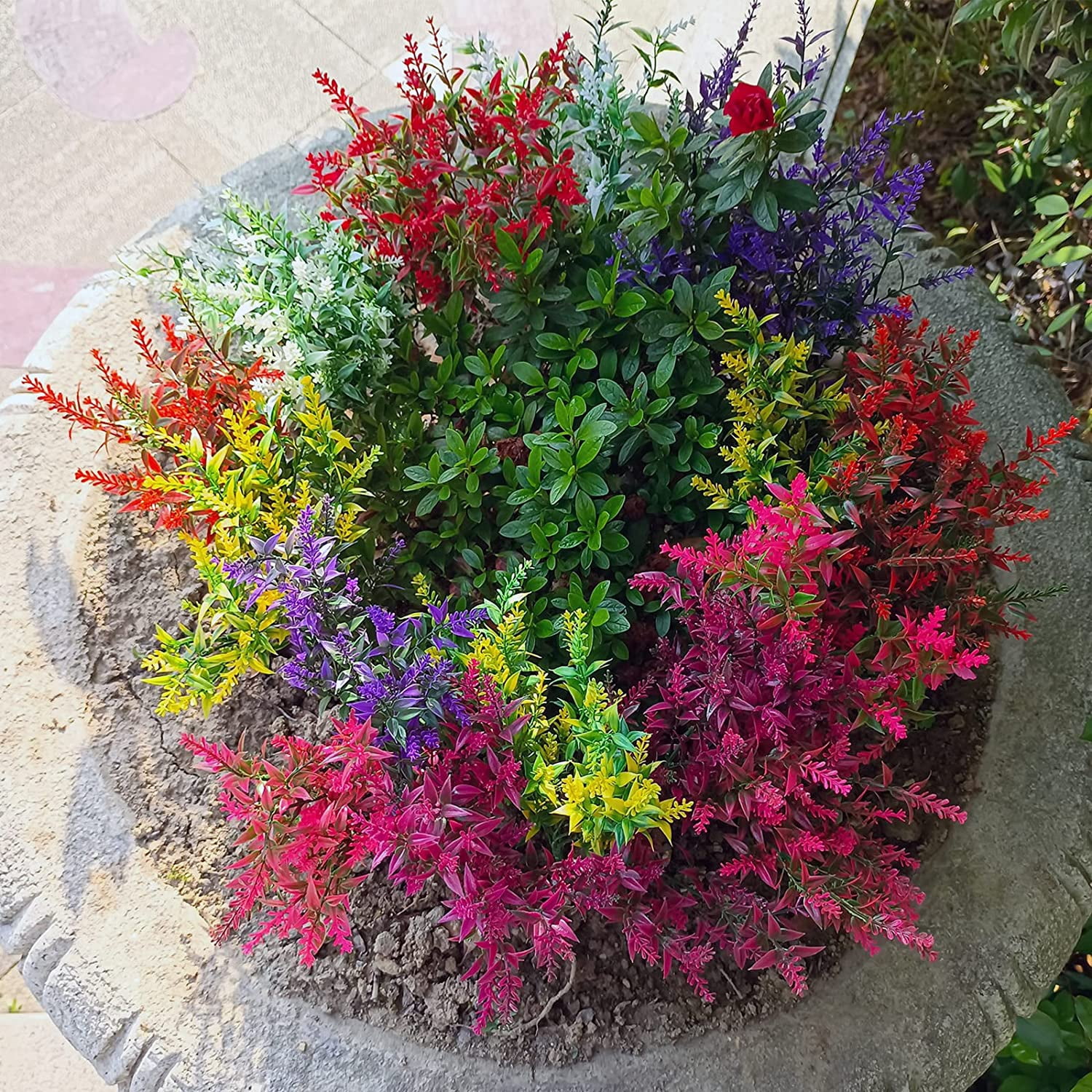 Morttic 21 Bundles Faux Plants Outdoor Fake Flowers Artificial Flowers Fake Shrubs Greenery Bushes Bouquet UV Resistant Faux Bushes Plastic for Home Garden Decor (7 Colors)