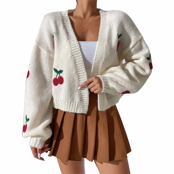 Cardigan Sweater for Women Pattern Embroidery Long Sleeve Chunky Knitted Coat White XL