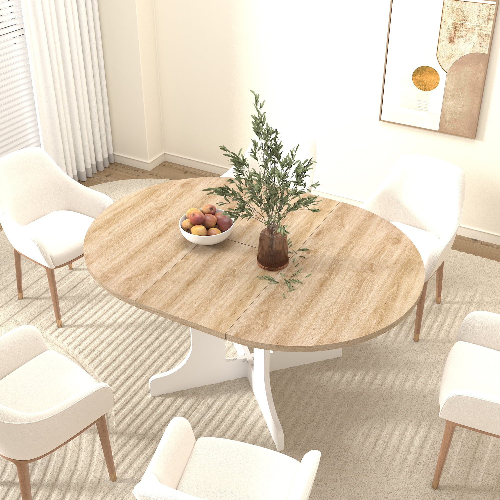 White Oak Farmhouse Dining Table with Adjustable Length, Expands from 43 to 59 Inches with Removable Leaf, Features a Sturdy X-Shaped Trestle Base and Seats Up to 6 for Family Dining