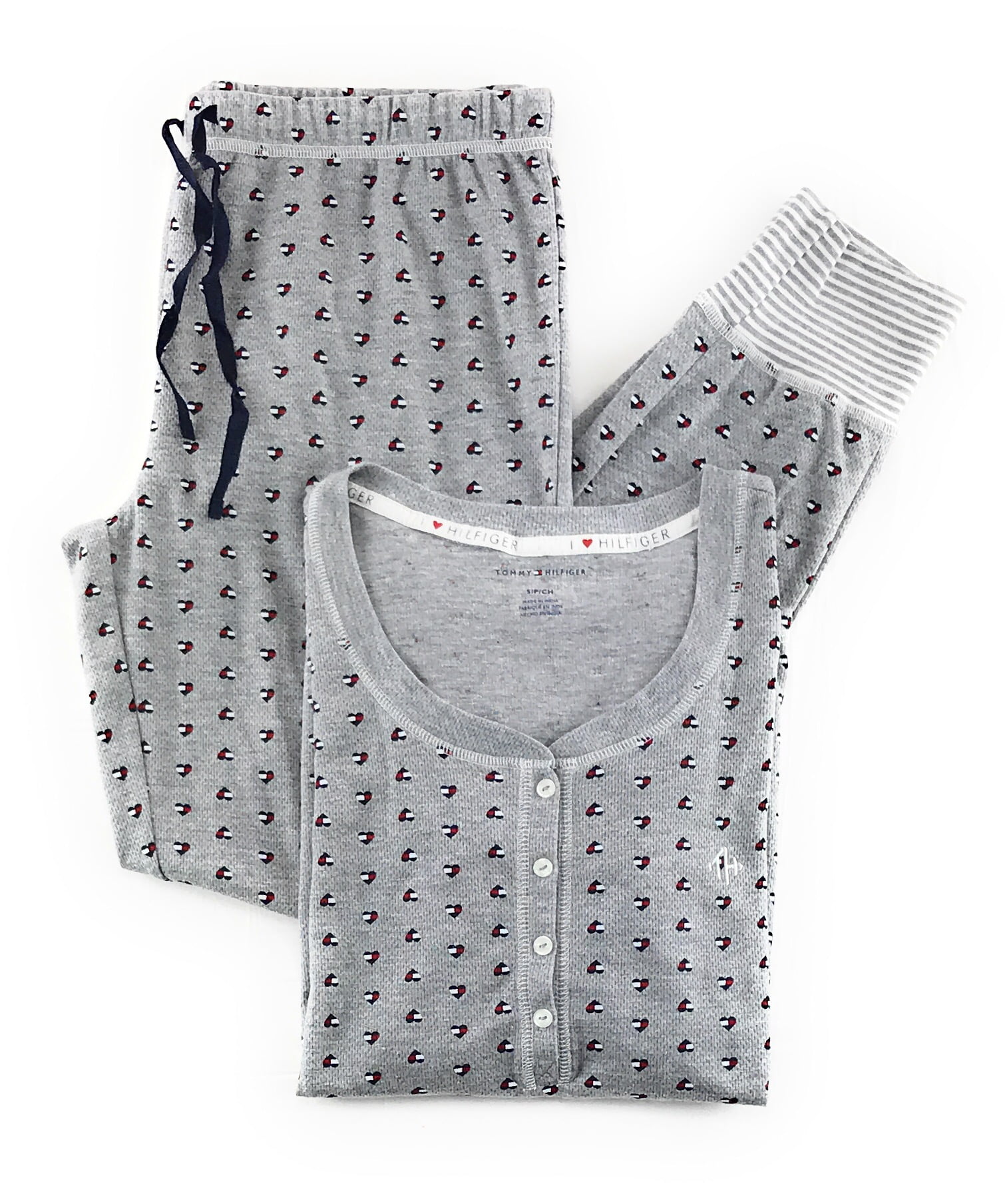 Tommy Hilfiger Women's Pajama Set Henley Long Sleeve Thermal Gray Heart Flags 