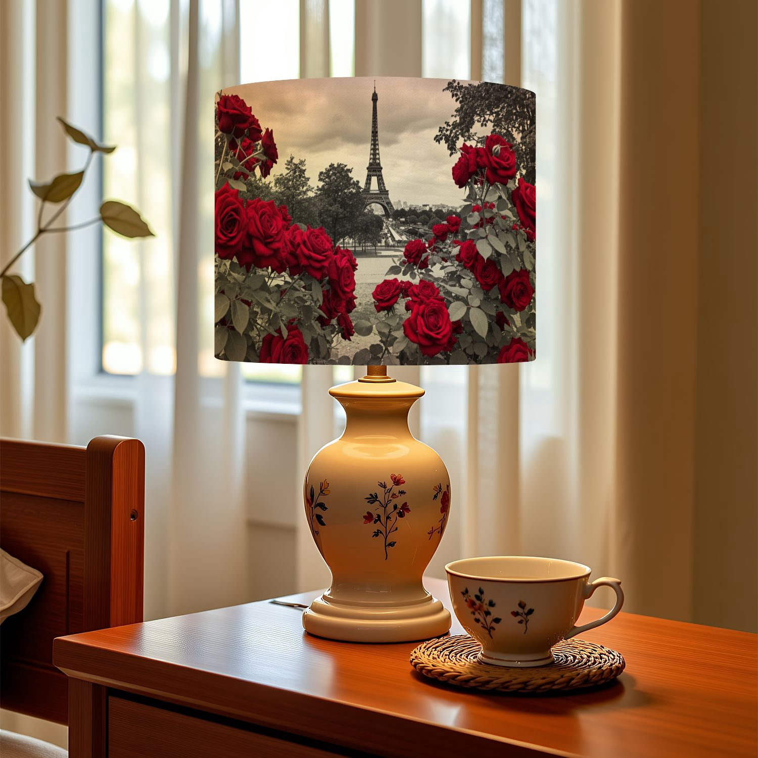 Linen Drum Lamp Shades Eiffel Tower Red Roses Foreground 13" x 13" x 10" Lampshade for Table Lamps Floor Lamps Lamp Shade Replacement Easy Assembly Required
