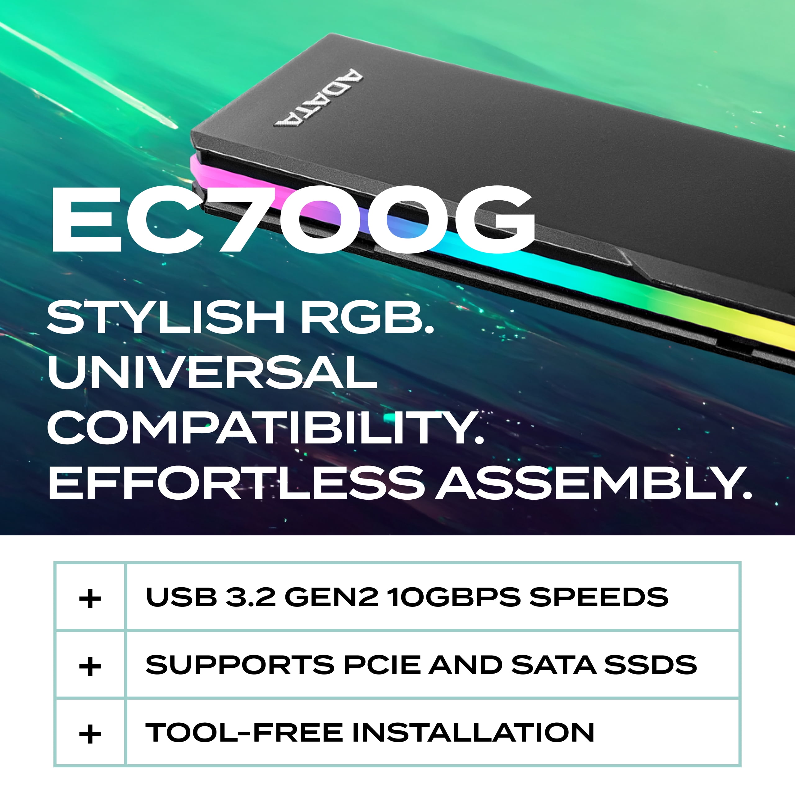 ADATA EC700G Aluminum USB 3 Gen 2 Type-C M.2 2280/2242/2230 PCIe/NVMe/SATA SSD External Portable Enclosure Case Adapter Tool-Less Design (AEC700GU32G2-CGY)