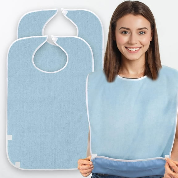 3 Pack Cloth Bibs for Adults, Seniors, Special Needs, and Hospice or Personal Care with Built-In Crumb Catcher and Clothing Protector, Washable and Reusable