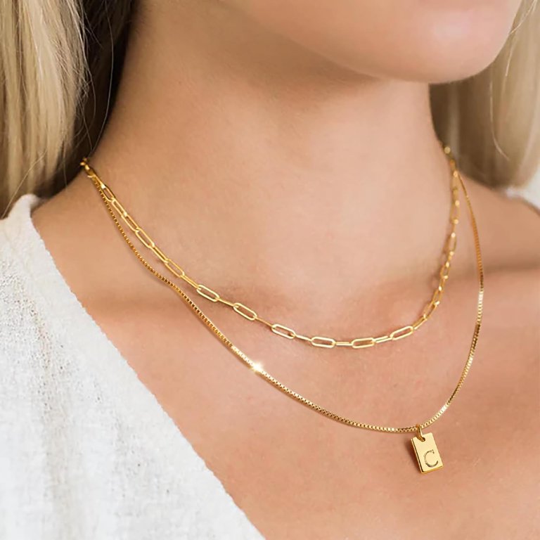 Dainty Initial Necklace For Women - 14K Gold/Silver Plated Square Letter Pendant, Adjustable Chain, Waterproof