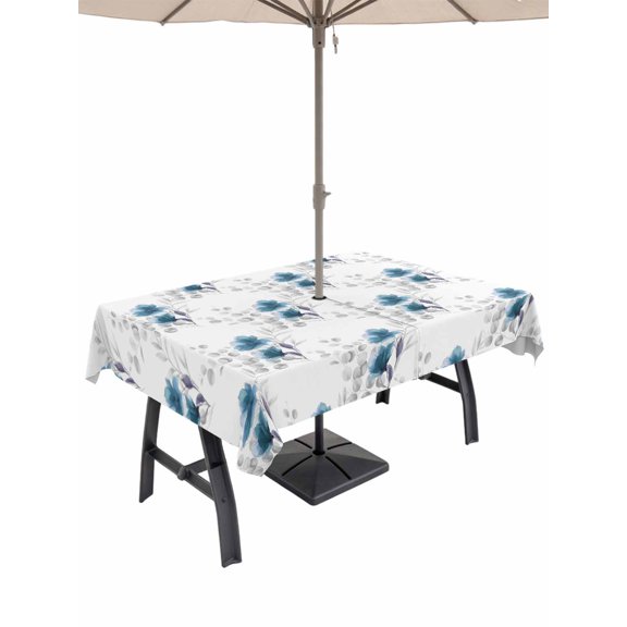 Outdoor Tablecloth with Umbrella Hole for Patio/Picnic/Party/Camping, Blue Poppy Flowers Waterproof Table Cloth Rectangle Table Cover Washable, Spring Gray Eucalyptus Leaves Rustic (52"x 70")