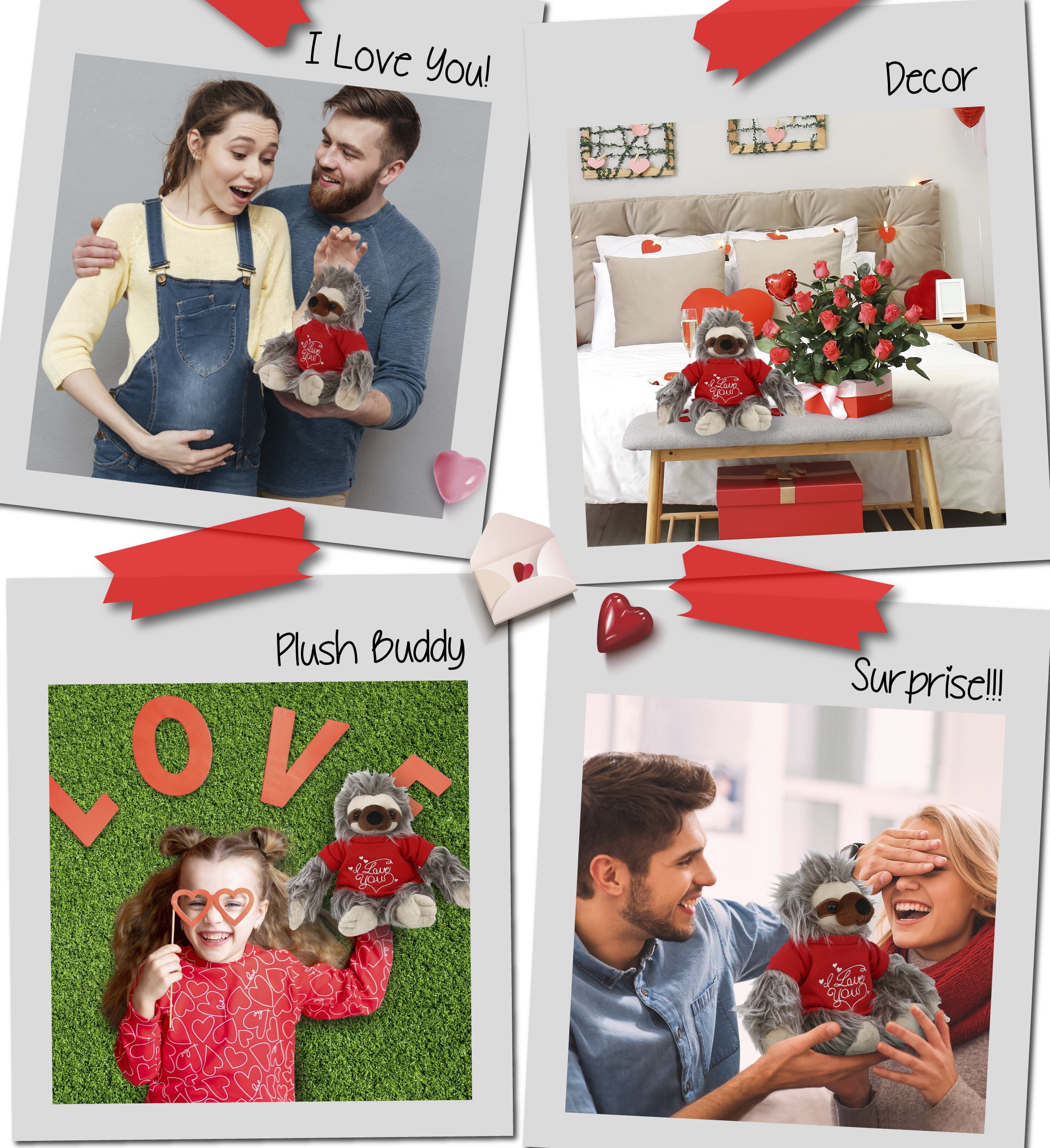 DolliBu I LOVE YOU Super Soft Grey Sloth Plush- Cute Sloth Plush Stuffed Animal with I Love You Red Shirt For Valentine, Anniversary, Romantic Date, Boyfriend, or Girlfriend Gift - 7 Inches